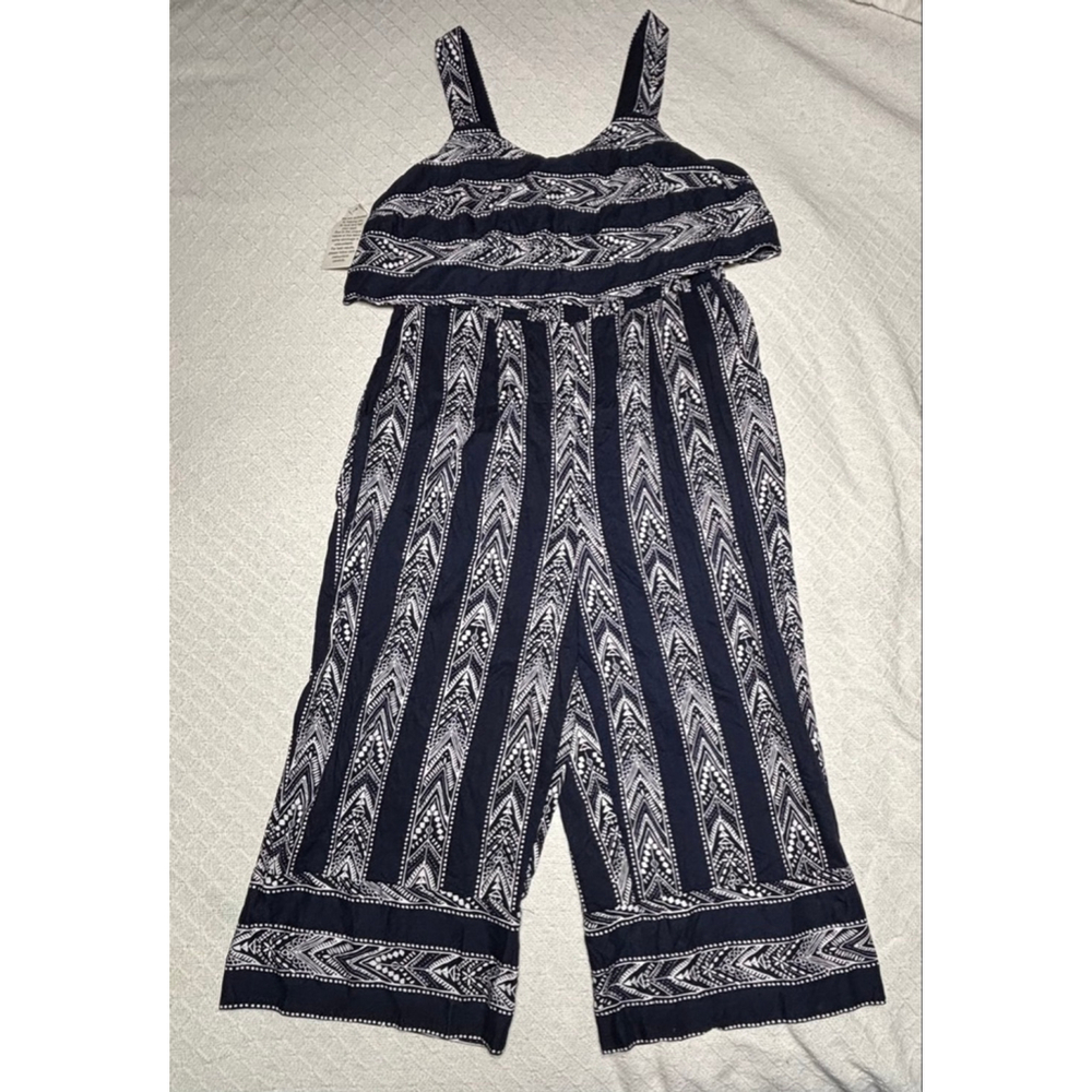 ‼️🙌‼️ Woman Within Tribal Navy & White Flounce Bodice Cullotte Jumpsuit Size 16W - Picture 2 of 12